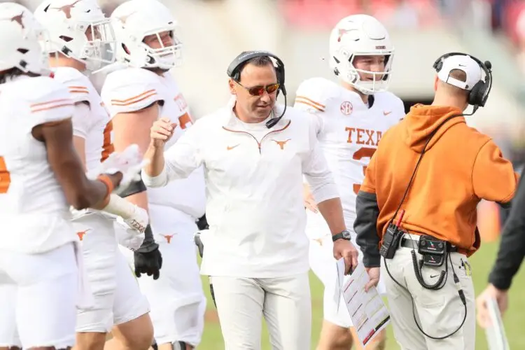 Nov 16, 2024; Fayetteville, Arkansas, USA; Texas Longhorns head coach Steve Sarkisian during the final minute of the game against the Arkansas Razorbacks at Donald W. Reynolds Razorback Stadium. Texas won 20-10. Mandatory Credit: Nelson Chenault-Imagn Images