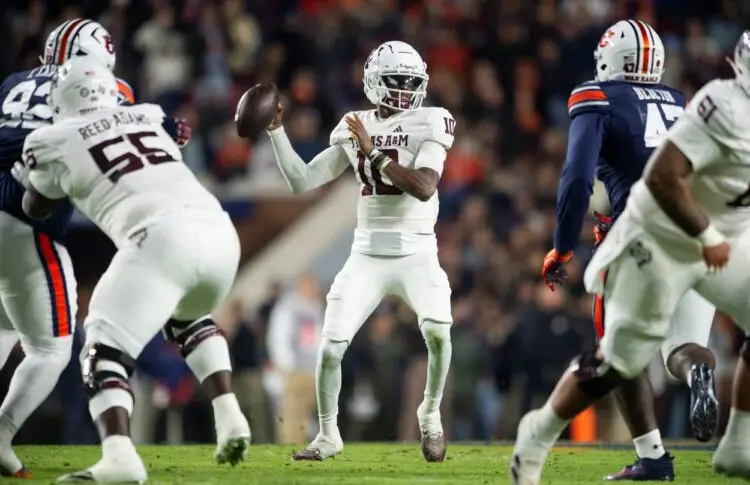 Texas A&M Aggies quarterback Marcel Reed (10) throws the ball as Auburn Tigers take on Texas A&M Aggies at Jordan-Hare Stadium in Auburn, Ala., on Saturday, Sept. 7, 2024. Auburn Tigers lead Texas A&M Aggies 21-7 at halftime.