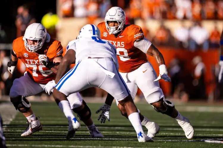 Nov 23, 2024; Austin, Texas, USA; Texas Longhorns left tackle Kelvin Banks Jr. (78) blocks Kentucky Wildcats player during the second quarter at Darrell K Royal-Texas Memorial Stadium. Mandatory Credit: Brett Patzke-Imagn Images