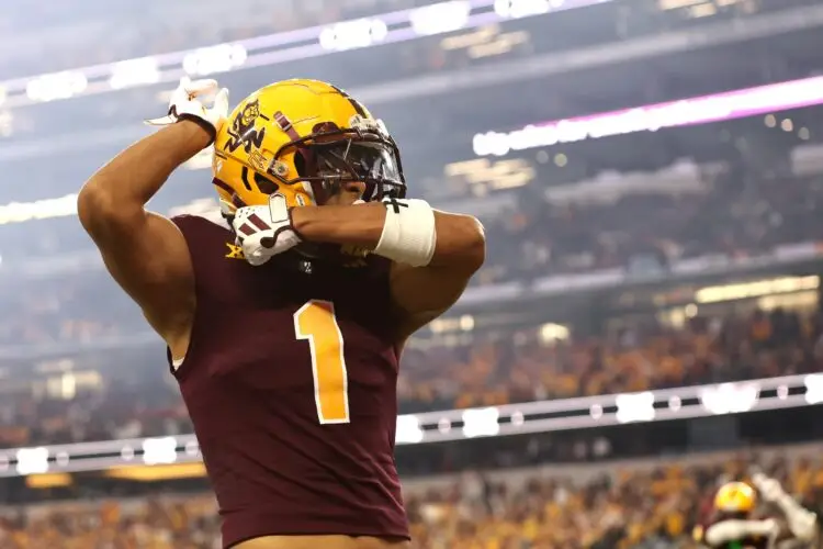 Dec 7, 2024; Arlington, TX, USA; Arizona State Sun Devils wide receiver Xavier Guillory (1) reacts after scoring a touchdown in the third quarter against the Iowa State Cyclones at AT&T Stadium. Mandatory Credit: Tim Heitman-Imagn Images