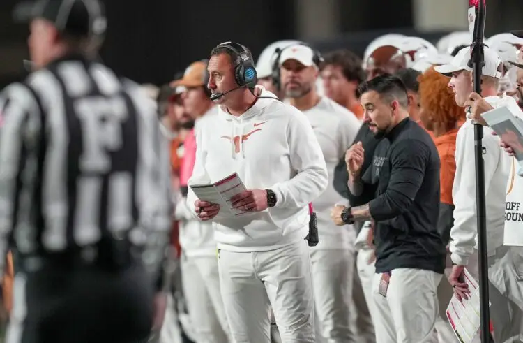 Texas Longhorns head coach Steve Sarkisian looks on against Clemson Tigers in the second half of an NCAA College Football Playoffs first round game at Darrell K Royal Texas Memorial Stadium, Austin, Texas, Saturday, Dec. 21, 2024. Photo: Ricardo B. Brazziell/American-Statesman / USA TODAY NETWORK via Imagn Images