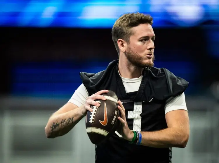 Texas Longhorns quarterback Quinn Ewers (3) throws the ball during practice at Mercedes-Benz Stadium in Atlanta, Georgia on Dec. 30, 2024 ahead of the College Football Playoff Quarterfinals. The Longhorns will play the Arizona State Sun Devils in the Peach Bowl on New Years Day. Photo: Sara Diggins/American-Statesman / USA TODAY NETWORK via Imagn Images