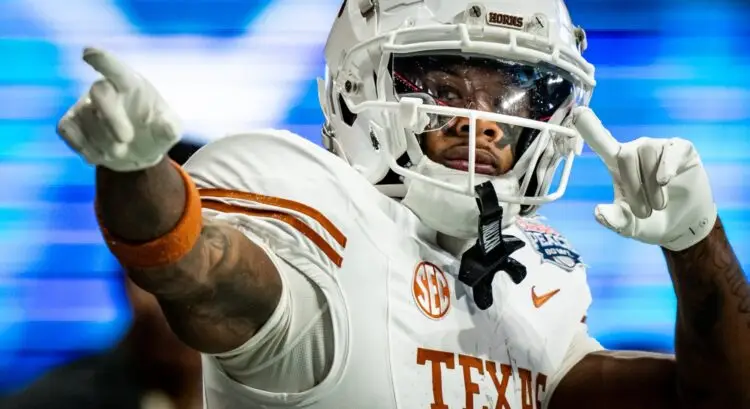 Texas Longhorns wide receiver Matthew Golden (2) celebrates catching a long pass for a first down near the end zone in the fourth quarter as the Texas Longhorns play the Arizona State Sun Devils in the Peach Bowl College Football Playoff quarterfinal at Mercedes-Benz Stadium in Atlanta, Georgia, Jan. 1, 2025. Photo: Sara Diggins/American-Statesman / USA TODAY NETWORK via Imagn Images
