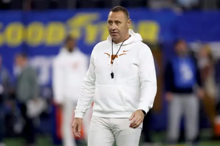 Jan 10, 2025; Arlington, Texas, USA; Texas Longhorns head coach Steve Sarkisian before the College Football Playoff semifinal against the Ohio State Buckeyes in the Cotton Bowl at AT&T Stadium. Mandatory Credit: Tim Heitman-Imagn Images