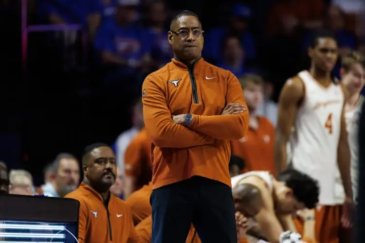 Jan 18, 2025; Gainesville, Florida, USA; Texas Longhorns head coach Rodney Terry looks on against the Florida Gators during the first half at Exactech Arena at the Stephen C. O'Connell Center. Mandatory Credit: Matt Pendleton-Imagn Images