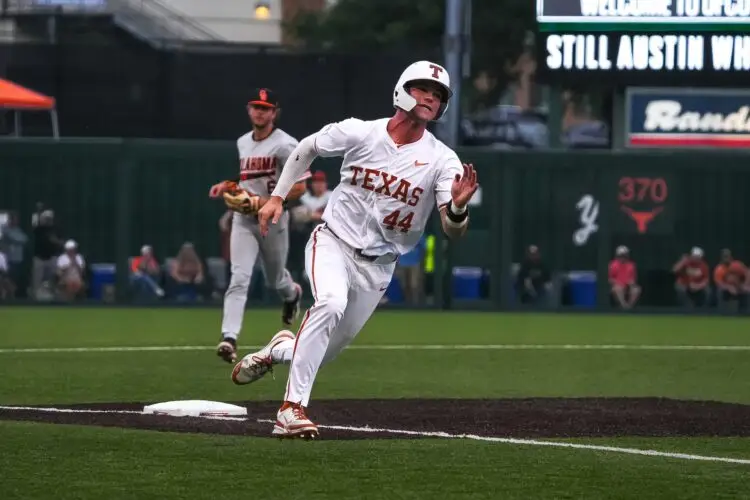 Texas Longhorns outfielder Max Belyeu (44) rounds third base after a hit team mate's hit during the game against Oklahoma State at UFCU Disch–Falk Field on Friday, May. 3, 2024 in Austin. Photo: Aaron E. Martinez/American-Statesman / USA TODAY NETWORK