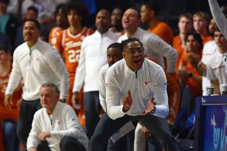 Jan 29, 2025; Oxford, Mississippi, USA; Texas Longhorns head coach Rodney Terry reacts during the second half against the Mississippi Rebels at The Sandy and John Black Pavilion at Ole Miss. Mandatory Credit: Petre Thomas-Imagn Images