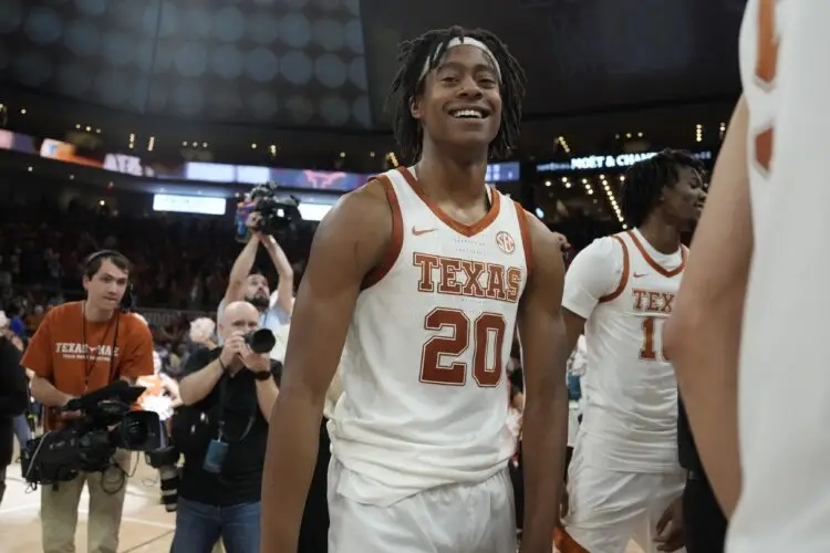 Feb 15, 2025; Austin, Texas, USA; Texas Longhorns guard Tre Johnson (20) reacts after a win over the Kentucky Wildcats at Moody Center. Mandatory Credit: Scott Wachter-Imagn Images