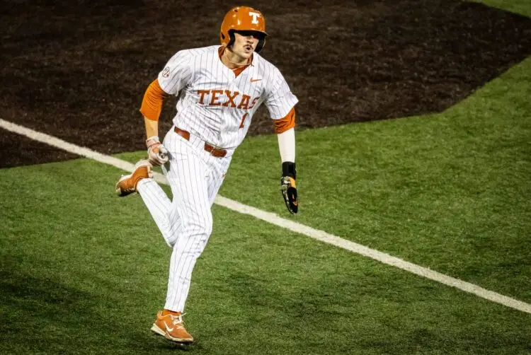Texas Longhorns infielder Jalin Flores (1) runs for home in the seventh inning as the Longhorns play the Auburn Tigers in the second game of a three-game series on Friday night at UFCU Disch-Falk Field in Austin, April 18, 2025. Photo: Sara Diggins/American-Statesman / USA TODAY NETWORK via Imagn Images