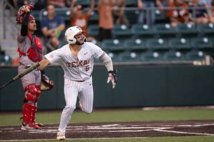 Texas catcher Rylan Galvan (6) runs to first base during the Longhorns' game against Louisville at UFCU Disch-Falk Field in Austin Tuesday, May 6, 2025. Photo: Mikala Compton/American-Statesman / USA TODAY NETWORK via Imagn Images