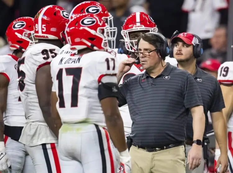 Jan 10, 2022; Indianapolis, IN, USA; Georgia Bulldogs senior defensive analyst Will Muschamp against the Alabama Crimson Tide in the 2022 CFP college football national championship game at Lucas Oil Stadium. Mandatory Credit: Mark J. Rebilas-USA TODAY Sports