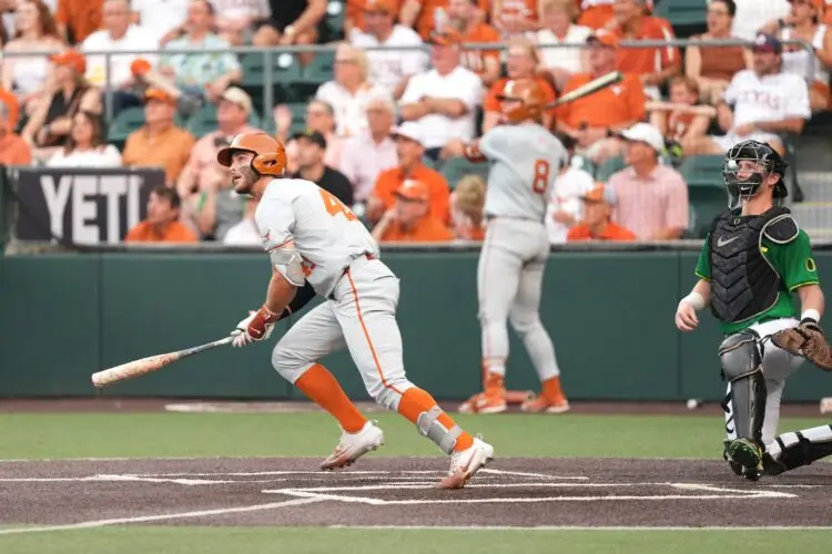 Jun 7, 2026; Austin, TX, USA; Texas Longhorns right fielder Aiden Robbins (43) hits a homerun during the first inning of a Super Regional game against the Oregon Ducks at UFCU Disch-Falk field in Austin, Texas. Mandatory Credit: Scott Wachter-Imagn Images