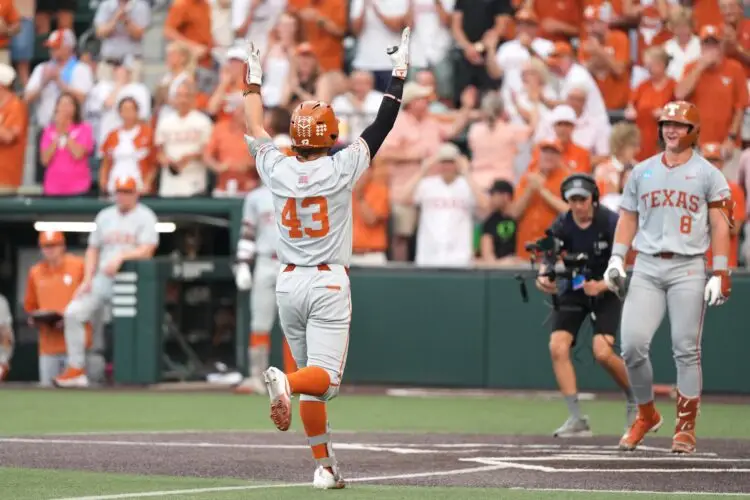 Jun 7, 2026; Austin, TX, USA; Texas Longhorns right fielder Aiden Robbins (43) reacts after hitting a homerun during the first inning of a Super Regional game against the Oregon Ducks at UFCU Disch-Falk field in Austin, Texas. Mandatory Credit: Scott Wachter-Imagn Images