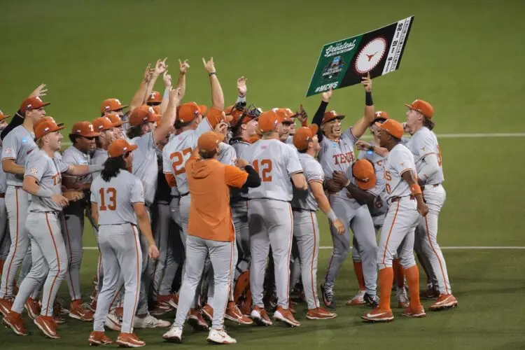 Jun 7, 2026; Austin, TX, USA; Texas Longhorns hold a ticket to the College World Series after closing out a Super Regional game over the Oregon Ducks at UFCU Disch-Falk field in Austin, Texas. Mandatory Credit: Scott Wachter-Imagn Images